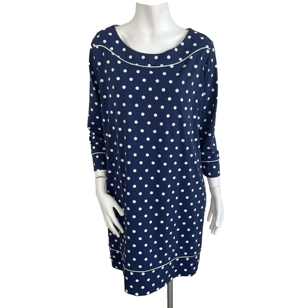 Lands End Navy Polka Dot Sheath Casual Dress XL Preppy Resort Summer Nautical